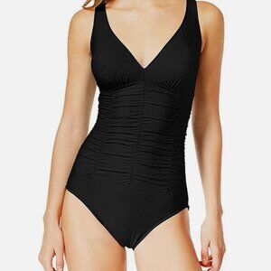 Miraclesuit DD Cup Black Swimsuit Women Size 10 V Neck Ruched Minimalist Beach